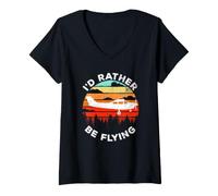 Damen Funny Pilot I'd Rather Be Flying Retro C172 Airplane T-Shirt mit V-Ausschnitt