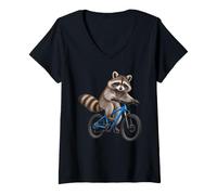 Damen Funny Raccoon On A Bicycle Cycling T-Shirt mit V-Ausschnitt