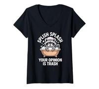 Damen Funny Raccoon Splish Splash Your Opinion is Trash T-Shirt mit V-Ausschnitt