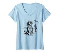 Damen Funny UFO Bernese Mountain Dog Alien Vintage 90s Wild West T-Shirt mit V-Ausschnitt