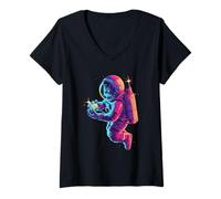 Damen Galaxie-Katze im Weltraum, lustige Tier-Astronauten für Mädchen und Jungen T-Shirt mit V-Ausschnitt