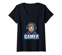 Damen Gamer Man Blue Videospiel Life Cute Kawaii Player T-Shirt mit V-Ausschnitt