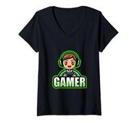 Damen Gamer Man Green Videospiel Life Cute Kawaii Player T-Shirt mit V-Ausschnitt