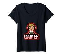 Damen Gamer Man Red Videospiel Life Cute Kawaii Player T-Shirt mit V-Ausschnitt