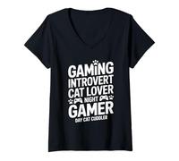 Damen Gaming Introvert Night Gamer Day Cat Cuddler T-Shirt mit V-Ausschnitt