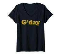 Damen G'Day Retro-Typografie mit australischen Grußmotiven in Gelb und Grün T-Shirt mit V-Ausschnitt