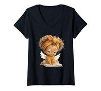 Damen Geflügeltes Mädchen, offenes Buch, Lesebücher/Liebhaberin, Motiv Engel, Kind T-Shirt mit V-Ausschnitt