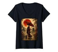 Damen Geisha mit rotem Regenschirm und schwarzer Katze, Japanisches Mond-Kunstwerk T-Shirt mit V-Ausschnitt