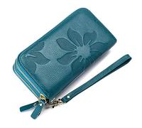 Damen-Geldbörse, echtes Rindsleder, doppelter Reißverschluss, lange Geldbörse, großes Fassungsvermögen, Handytasche, RFID-Kreditkartenhalter, Geldtasche, blau, Einheitsgröße