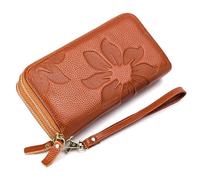 Damen-Geldbörse, echtes Rindsleder, doppelter Reißverschluss, lange Geldbörse, großes Fassungsvermögen, Handytasche, RFID-Kreditkartenhalter, Geldtasche, Erdgelb, Einheitsgröße