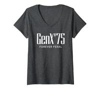 Damen Gen X 1975 Forever Feral Gen Xer Geboren 1975 Retro Vintage T-Shirt mit V-Ausschnitt, Anthrazit Meliert, XL