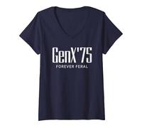 Damen Gen X 1975 Forever Feral Gen Xer Geboren 1975 Retro Vintage T-Shirt mit V-Ausschnitt, Marineblau, L