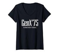 Damen Gen X 1975 Forever Feral Gen Xer Geboren 1975 Retro Vintage T-Shirt mit V-Ausschnitt, Schwarz, M