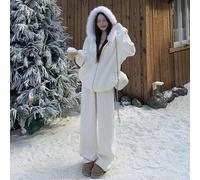 Damen geometrisches strukturiertes Sweatshirt mit Reißverschluss und Kapuze und Hose, lässiges, weites 2-teiliges Loungewear-Set für Frauen