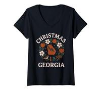 Damen Georgia Weihnachten Shirt Pfirsiche Blumen Leuchtturm Vogel T-Shirt mit V-Ausschnitt