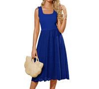 Damen Gerafftes Schlankheitskleid EinfarbigeS Elegantes Kleid mit Hohler Stickerei Midi A-Linie Ausgestelltes Freizeitkleid Königsblau S