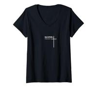 Damen Gerettetes Christliches Kreuz Bibelvers Motivierend T-Shirt mit V-Ausschnitt