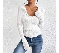 Damen Geripptes V-Ausschnitt Shirt aus strukturiertem Stoff mit Langarm