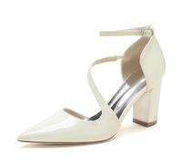 Damen Geschlossener Zehenpartie Mitte Blockabsatz Brautschuhe Knöchel Schnalle Klobige Hochzeits Pumps,Elfenbein,39 EU