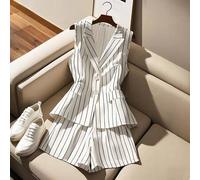Damen gestreifter Blazer mit Taillengürtel und A-Linien Shorts Set, geeignet für Büro und Alltagsmode, Weiß