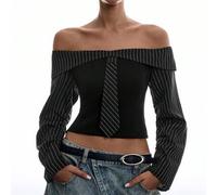 Damen gestreifter modischer Off-Shoulder kurzer schmal geschnittener eleganter dünner Blazer