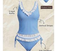 Damen gestreifter Muster Stoff weiße Spitzenverzierung Bindeband Camisole & Bikini Zwei-Teiler Badeanzug, süß & elegant Damen Strandparty Festival Cou