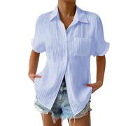 Damen Gestreiftes Boyfriend-Hemd mit gesmoktem Kragen, kurzen Ärmeln und Knopfleiste, Bluse mit Tasche, Blau, 4XL