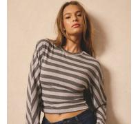 Damen gestreiftes Jersey Rundhals Shirt mit geraffter Taille, weite Langarmshirt für den Alltag, Jersey-Top im Korsett-Stil, weiches, bequemes Obertei