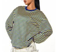 Damen gestreiftes Langarm T-Shirt, lässiges Oversize-Oberteil mit Rundhalsausschnitt, blau-gelb horizontale Streifen Pullover