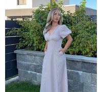 Damen gestreiftes Muster V-Ausschnitt lässiges Kurzarm Midi-Kleid, Sommer, Kleider für Frauen Sommer elegant braun