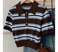 Damen gestreiftes Polokragen Kurzarm Lässig Stricktop