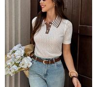 Damen gestreiftes Polokragen Kurzarm Lochmuster Stricktop