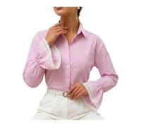 Damen Gestreiftes Shirt Mit Spitzenbesatz Und Glockenärmeln Oberteil Für Urlaub Alltag Club Frühling Sommer Winter Regular Fit Elastisch Damen Shirt(XL Pink)