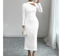 Damen gestricktes Jacquard elegantes cremefarbenes gelbes Kontrastkragen Party- und Abendkleid, langer Herbstmantel