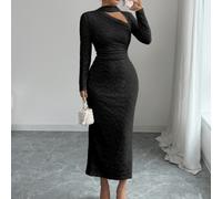 Damen gestricktes Jacquard elegantes Kleid in Creme-Gelb mit Kontrastkragen für Party und formelle Anlässe, Herbst