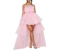 Damen gestuftes Hoch Niedrig Abschlussballkleid Schleife Schärpe Tüll Homecoming Festzug Kleider Schulterfrei Rüschen Tutu Lang Puffy Gown, rose, X-Large
