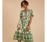 Damen gewebtes bedrucktes Midi-Kleid mit Kurzarm V-Ausschnitt, bedrucktes ärmelloses Kurzkleid, Tea Party Kleid, Sommerkleider für Damen, grafisch bed