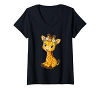 Damen Giraffe Blumen Krone Lächeln T-Shirt mit V-Ausschnitt