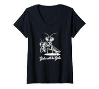 Damen Girls Will Be Girls - Lustige Gottesanbeterin T-Shirt mit V-Ausschnitt