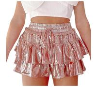 Damen Glänzend Höhe Taille Liquid Mini Rock Metallisch Elastische Taille A-Linien Pull On Skater Röcke Metallischer Glänzender Rock Ausgestellter Taille Lederröcke Faltenrock Skater (M)