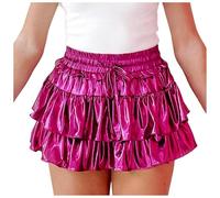 Damen Glänzend Höhe Taille Liquid Mini Rock Metallisch Elastische Taille A-Linien Pull On Skater Röcke Metallischer Glänzender Rock Ausgestellter Taille Lederröcke Faltenrock Skater (Red, S)