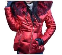 Damen Glänzende Daunenjacke Kurz Steppjacke Warm Daunenmantel mit Pelzkragen Winter Puffer Jacke Frauen Parka Mehrere Farben L Red