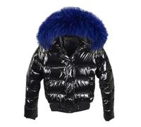 Damen Glänzende Weiche Daunenjacke Kunstpelz Kurze Jacke Verdickte Warme Daunenjacke, schwarz 1, S