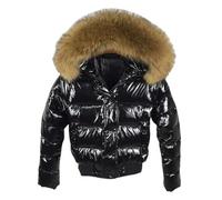Damen Glänzende Weiche Daunenjacke Kunstpelz Kurze Jacke Verdickte Warme Daunenjacke, schwarz 2, 46