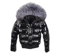 Damen Glänzende Weiche Daunenjacke Kunstpelz Kurze Jacke Verdickte Warme Daunenjacke, Schwarz , 38