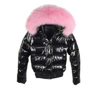 Damen Glänzende Weiche Daunenjacke Kunstpelz Kurze Jacke Verdickte Warme Daunenjacke, Schwarz3, L