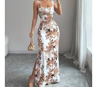 Damen glänzendes Gold-Schwarz Sommer Neues Kleid, quadratischer Ausschnitt, Spaghettiträger, charmantes rückenfreies Schlitzkleid mit hoher Taille, ge