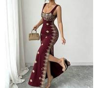 Damen glänzendes Gold-Schwarz Sommer Neues Kleid, quadratischer Ausschnitt, Spaghettiträger, charmantes rückenfreies Schlitzkleid mit hoher Taille, ge