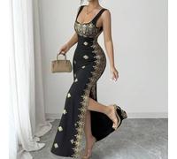 Damen glänzendes Gold & Schwarz Sommer Neues Kleid, quadratischer Ausschnitt, Spaghettiträger, rückenfreies Kleid mit Schlitz am Saum, taillierter Sch