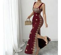 Damen glänzendes Gold & Schwarz Sommer Neues Kleid, quadratischer Ausschnitt, Spaghettiträger, rückenfreies Kleid mit Schlitz am Saum, taillierter Sch